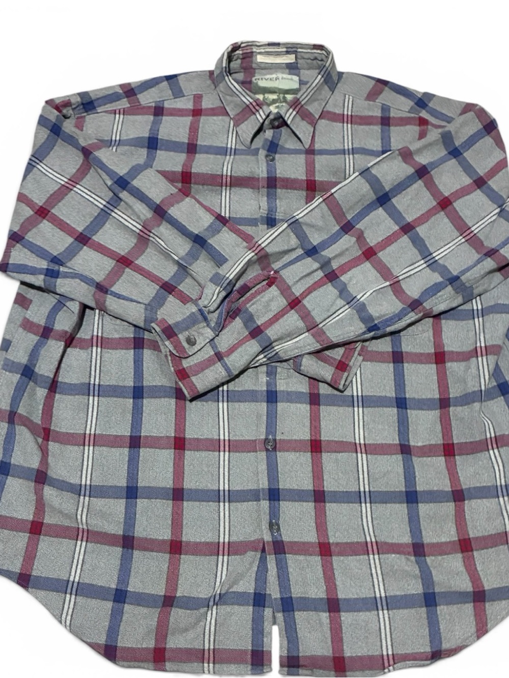 Men's Plaid Long-Sleeve Button-Down Shirt in Gray with Burgundy & Blue Checks